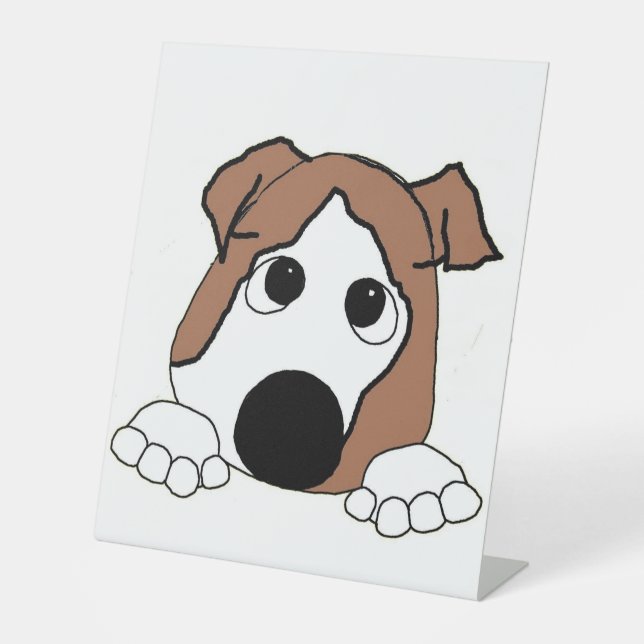 bulldog red and white peeking cartoon pedestal sign (Front)