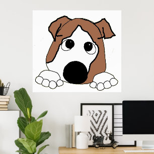 bulldog red and white peeking cartoon poster
