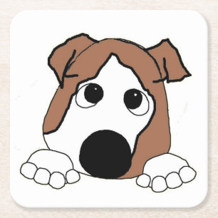 bulldog red and white peeking cartoon square paper coaster
