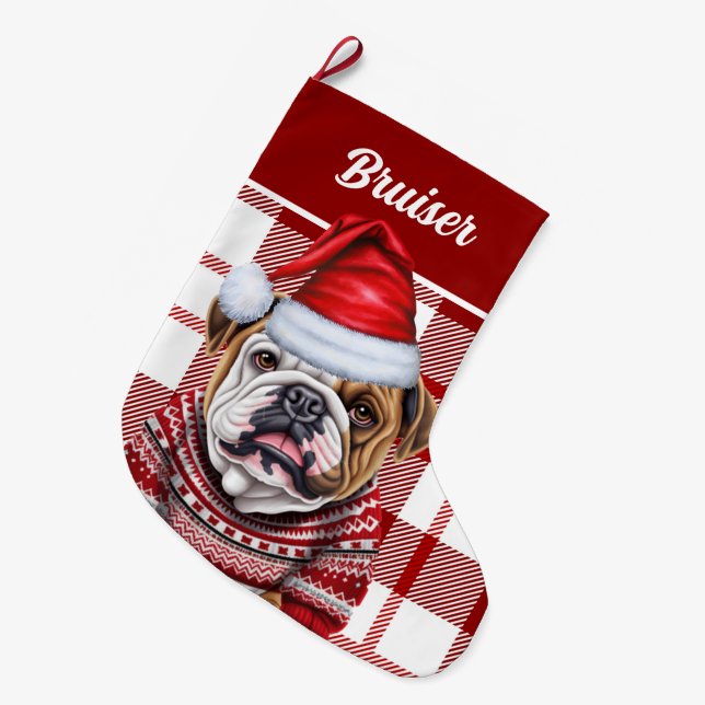 Bulldog Red and White Plaid Personalised Large Christmas Stocking (Front (Hanging))
