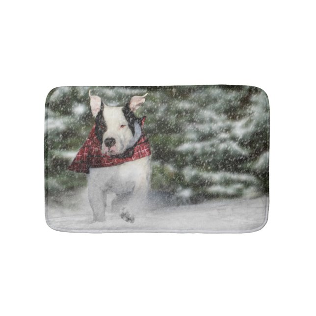 Bulldog Rescue Pup Dashing through the Snow Bath Mat (Front)