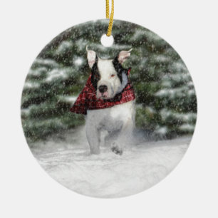 Bulldog Rescue Pup Dashing through the Snow Ceramic Tree Decoration