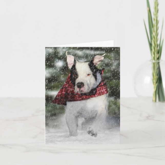 Bulldog Rescue Pup Dashing through the Snow Holiday Card (Front)