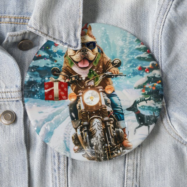 Bulldog Riding Motorcycle Christmas 6 Cm Round Badge (In Situ)