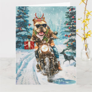 Bulldog Riding Motorcycle Christmas Card