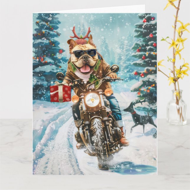 Bulldog Riding Motorcycle Christmas Card (Yellow Flower)