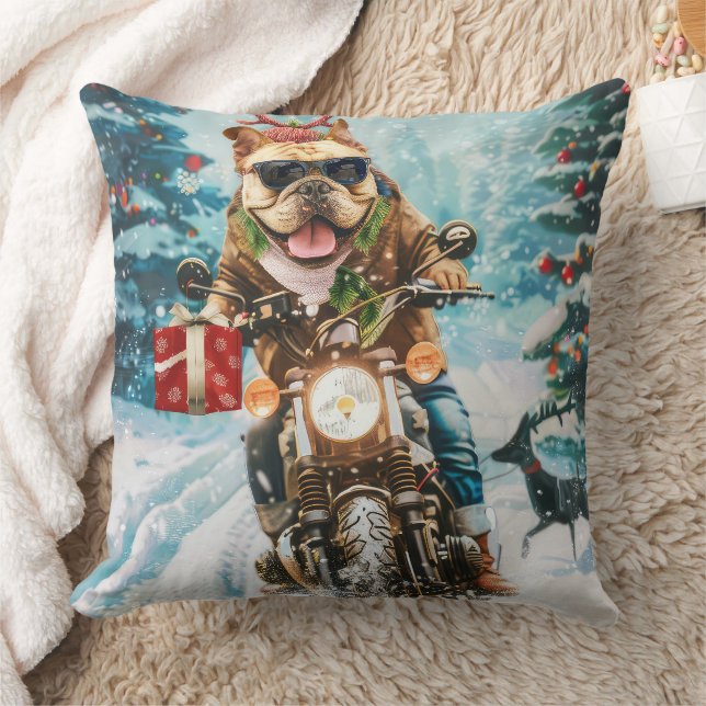 Bulldog Riding Motorcycle Christmas Cushion (Blanket)