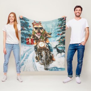 Bulldog Riding Motorcycle Christmas Fleece Blanket