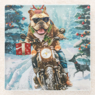 Bulldog Riding Motorcycle Christmas Glass Coaster