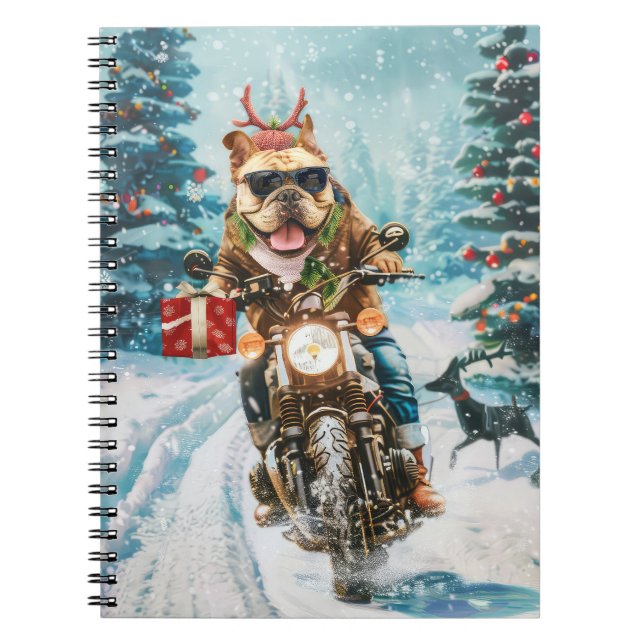 Bulldog Riding Motorcycle Christmas Notebook (Front)