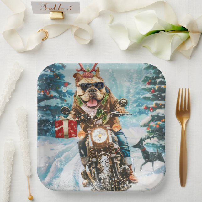 Bulldog Riding Motorcycle Christmas Paper Plate (Wedding)