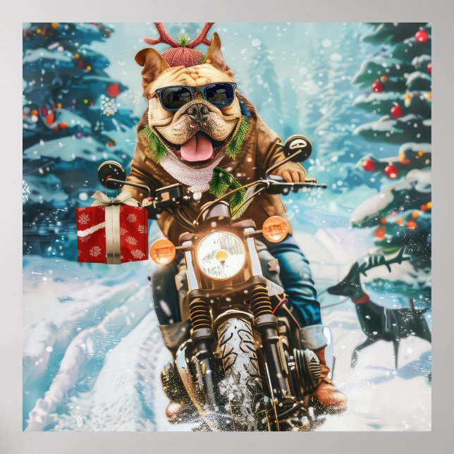 Bulldog Riding Motorcycle Christmas Poster (Front)