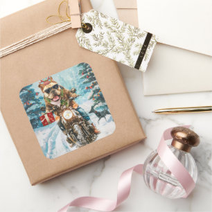 Bulldog Riding Motorcycle Christmas Square Sticker