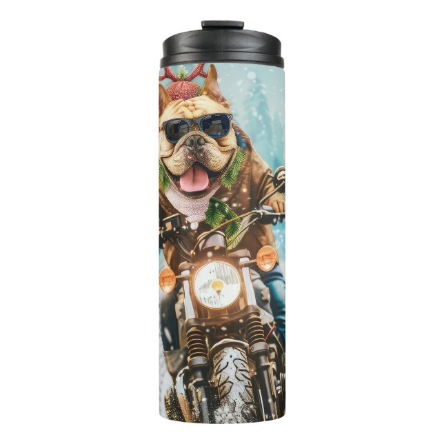 Bulldog Riding Motorcycle Christmas Thermal Tumbler (Front)