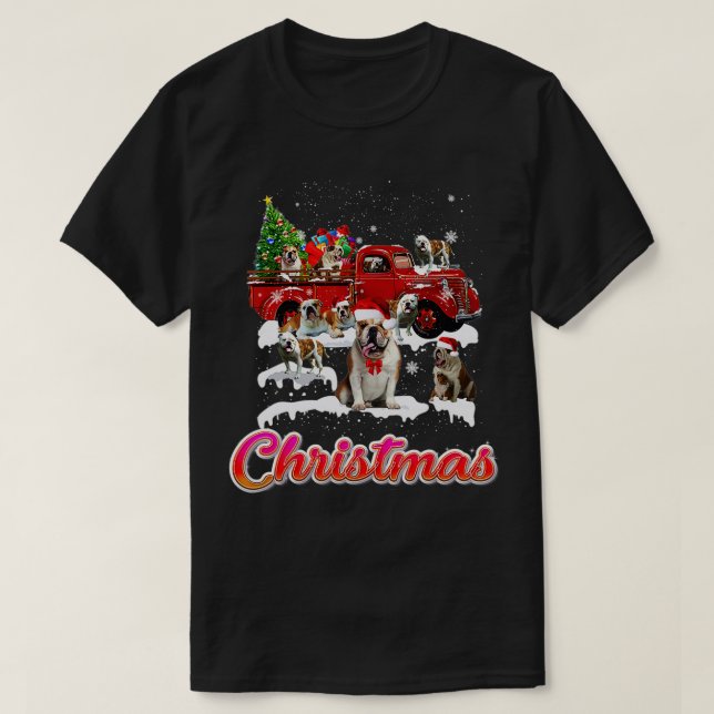 Bulldog Riding Red Truck Christmas Tree Bulldog Xm T-Shirt (Design Front)
