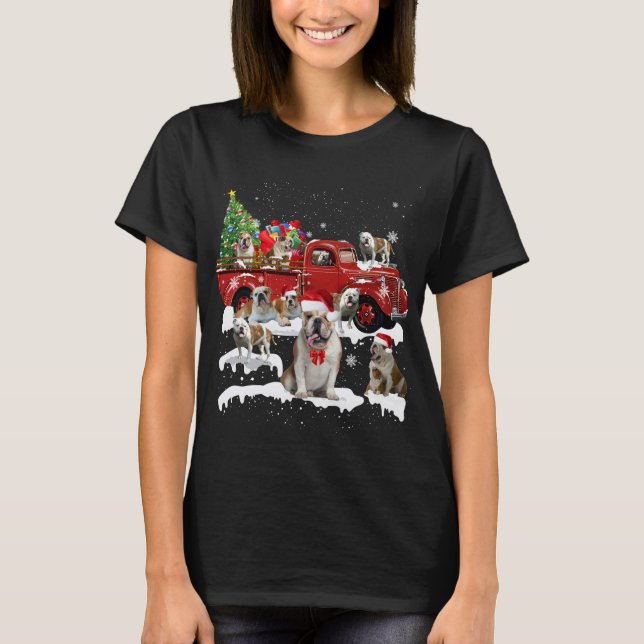 Bulldog Riding Red Truck Merry Christmas X-mas Ugl T-Shirt (Front)