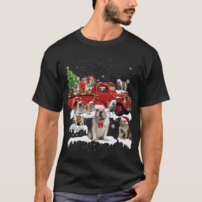 Bulldog Riding Red Truck Merry Christmas X-mas Ugl T-Shirt (Front)