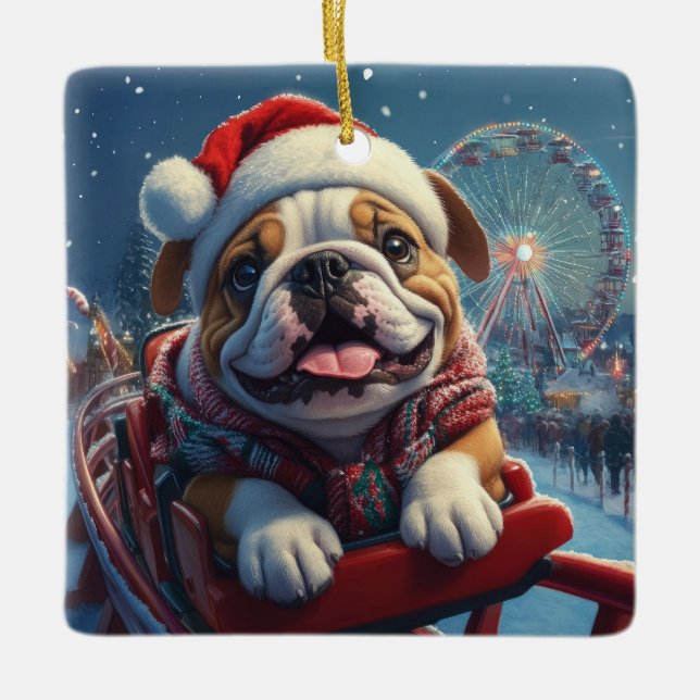 Bulldog Roller Coaster Christmas Ceramic Ornament (Front)