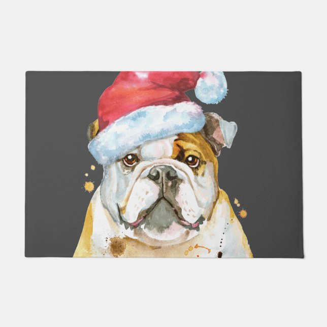 Bulldog Santa Hat Doormat (Front)