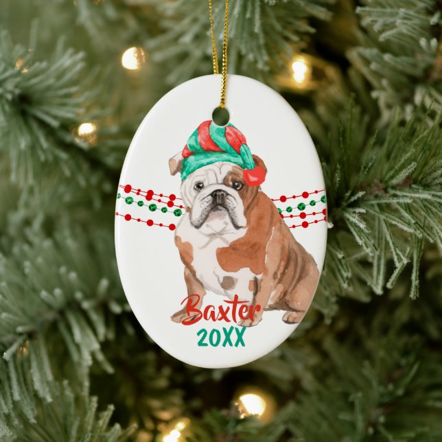 Bulldog Santa Hat Holiday String Beads Ceramic Tree Decoration (Tree)