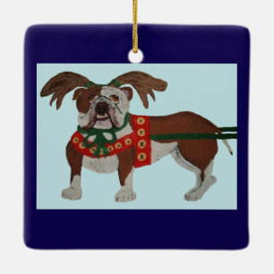 Bulldog Santa's Reindeer Ceramic Ornament