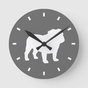Bulldog Silhouette Grey and White   Dog Lover's Round Clock