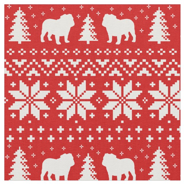 Bulldog Silhouettes Christmas Holiday Patterned Fabric (Close Up)