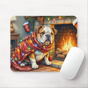 Bulldog Sitting by Fireplace with Christmas Lights Mouse Mat