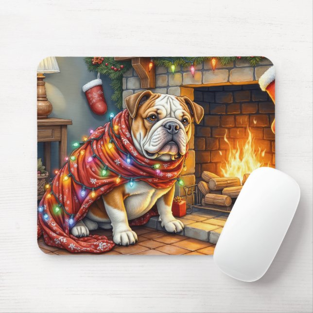 Bulldog Sitting by Fireplace with Christmas Lights Mouse Mat (With Mouse)