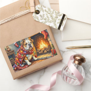 Bulldog Sitting by Fireplace with Christmas Lights Rectangular Sticker