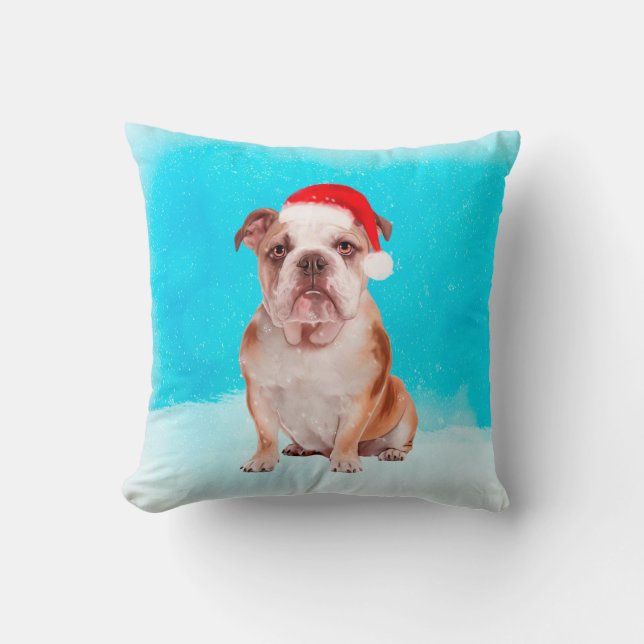 Bulldog Sitting in snow with Christmas Santa Hat Cushion (Front)