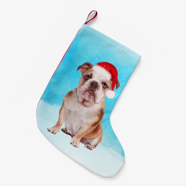 Bulldog Sitting in snow with Christmas Santa Hat Small Christmas Stocking (Front (Hanging))