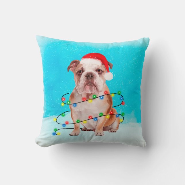 Bulldog Sitting in snow with Lights Christmas Hat Cushion (Front)