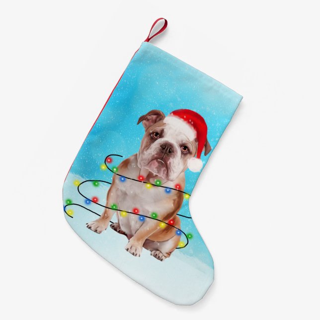 Bulldog Sitting in snow with Lights Christmas Hat Small Christmas Stocking (Front (Hanging))