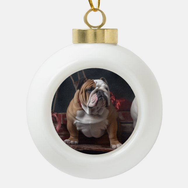 Bulldog Snowy Sleigh Christmas Decor Ceramic Ball Christmas Ornament (Front)