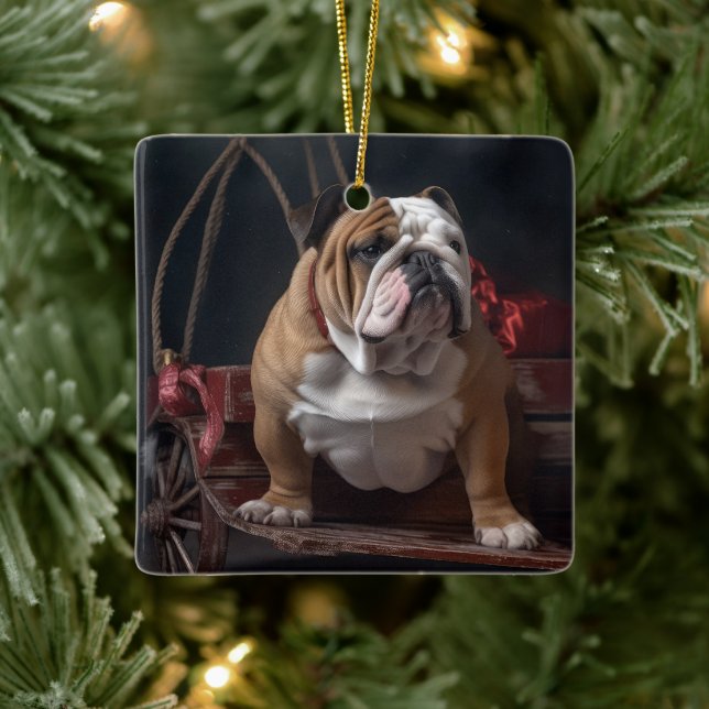 Bulldog Snowy Sleigh Christmas Decor Ceramic Ornament (Tree)