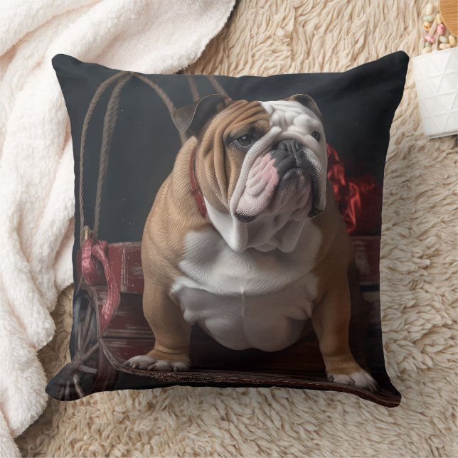 Bulldog Snowy Sleigh Christmas Decor Cushion (Blanket)