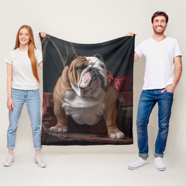 Bulldog Snowy Sleigh Christmas Decor Fleece Blanket (In Situ)