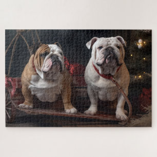 Bulldog Snowy Sleigh Christmas Decor Jigsaw Puzzle