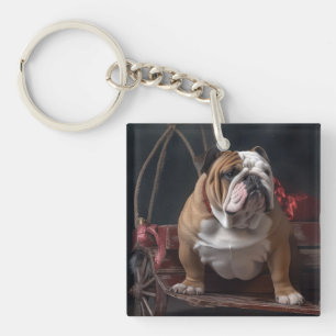 Bulldog Snowy Sleigh Christmas Decor Key Ring