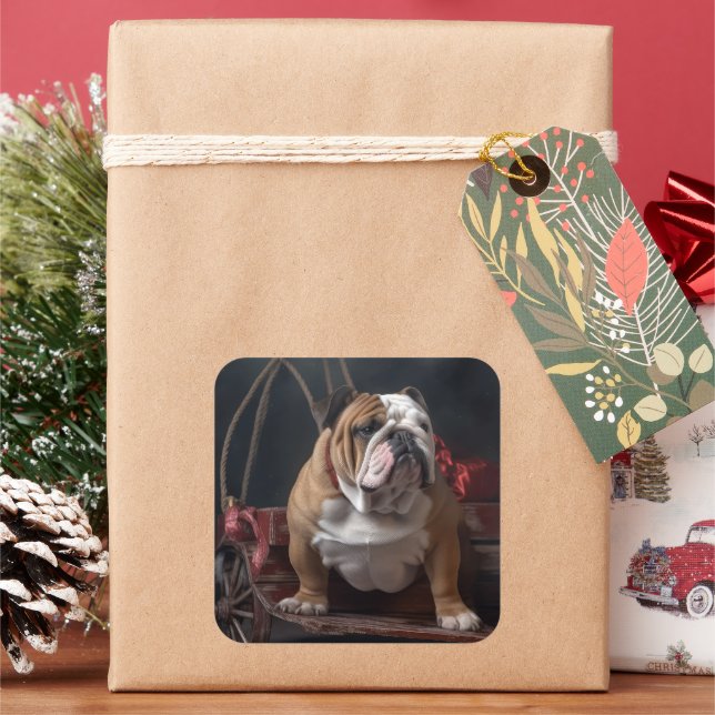 Bulldog Snowy Sleigh Christmas Decor Square Sticker (Holiday)