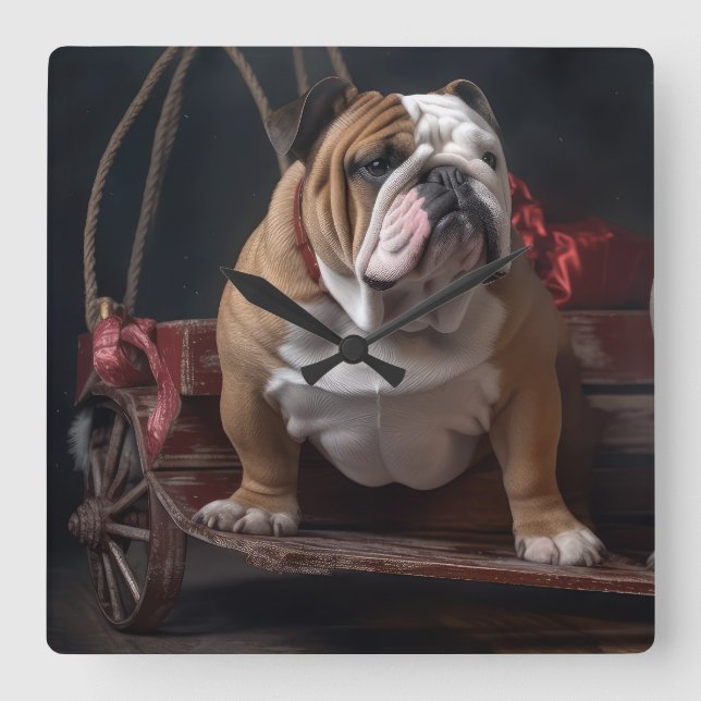 Bulldog Snowy Sleigh Christmas Decor Square Wall Clock (Front)