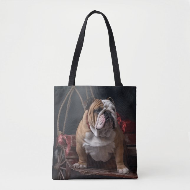 Bulldog Snowy Sleigh Christmas Decor Tote Bag (Front)