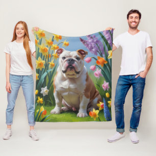 Bulldog Spring Flowers Painting Fleece Blanket