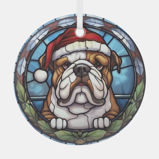 Bulldog Stained Glass Christmas  Glass Tree Decoration (Front)