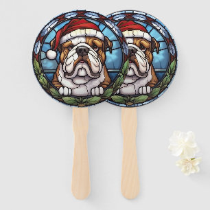 Bulldog Stained Glass Christmas  Hand Fan