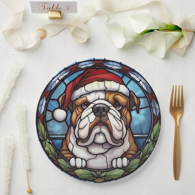 Bulldog Stained Glass Christmas  Paper Plate (Wedding)