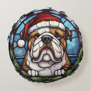 Bulldog Stained Glass Christmas  Round Cushion