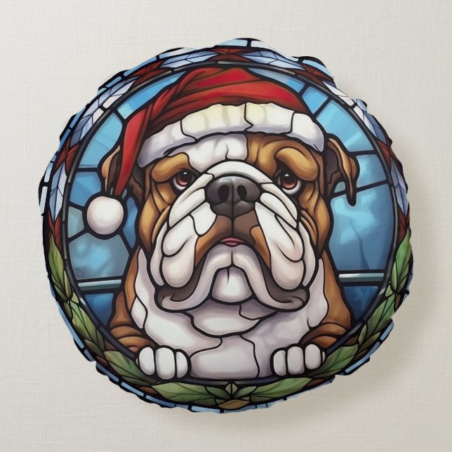 Bulldog Stained Glass Christmas  Round Cushion (Back)