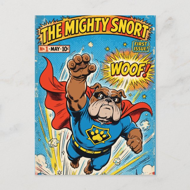 Bulldog Superhero Flying with Cape Postcard (Front)